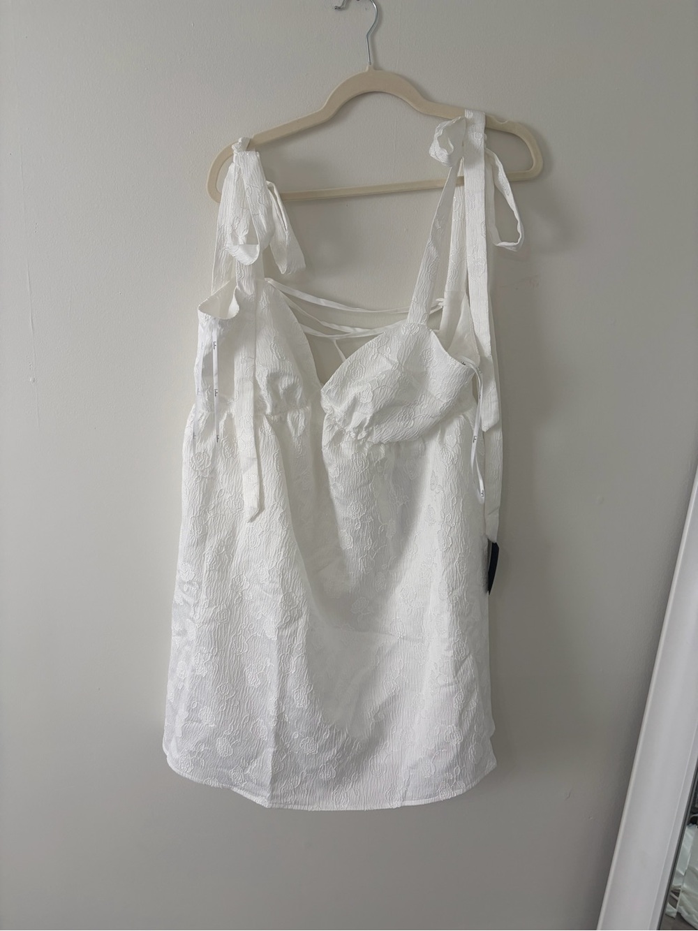 Lulu's White Textured Tie-Strap Mini Wedding Dress